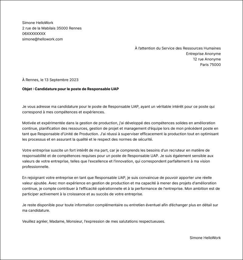 Modèle lettre de motivation Responsable UAP Exemple lettre de motivation Responsable UAP