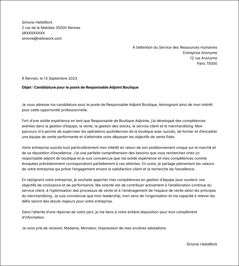 Modèle lettre de motivation Responsable adjoint boutique Exemple lettre de motivation Responsable adjoint boutique