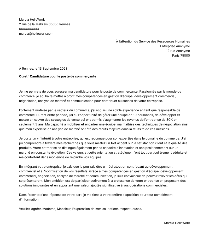 Modèle lettre de motivation Commerçant Exemple lettre de motivation Commerçant