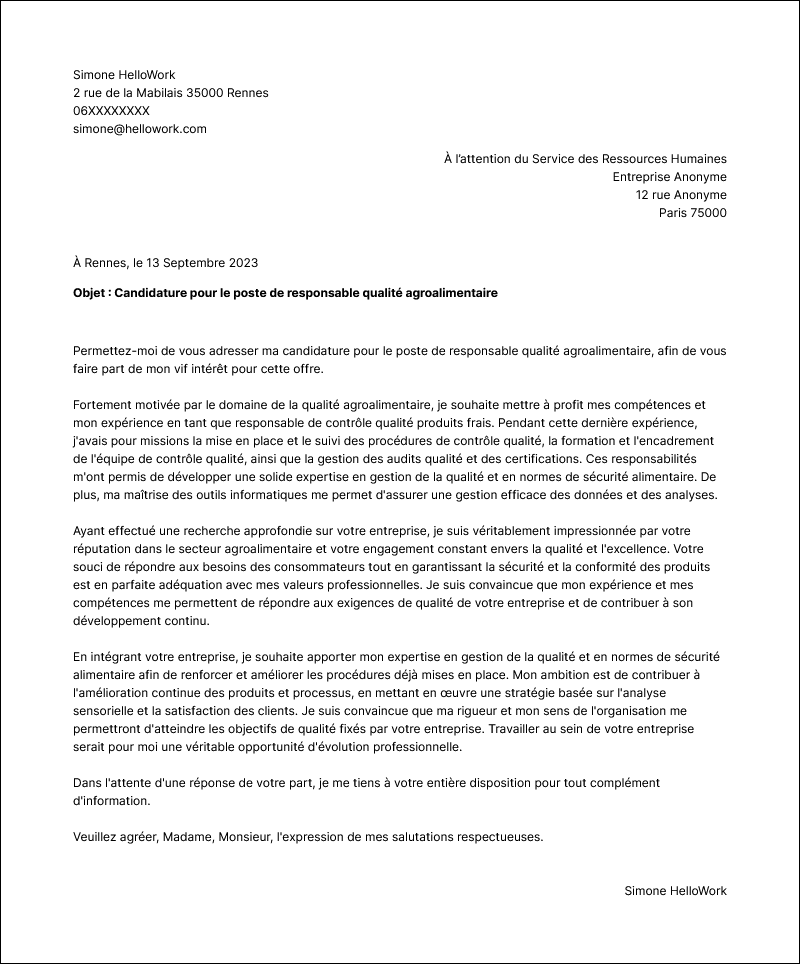 Modèle lettre de motivation Responsable qualité agroalimentaire Exemple lettre de motivation Responsable qualité agroalimentaire