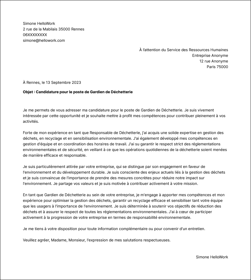 Modèle lettre de motivation Gardien de déchetterie Exemple lettre de motivation Gardien de déchetterie