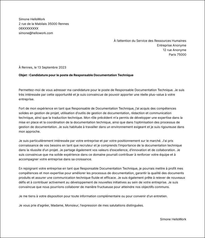 Modèle lettre de motivation Responsable de documentation technique Exemple lettre de motivation Responsable de documentation technique
