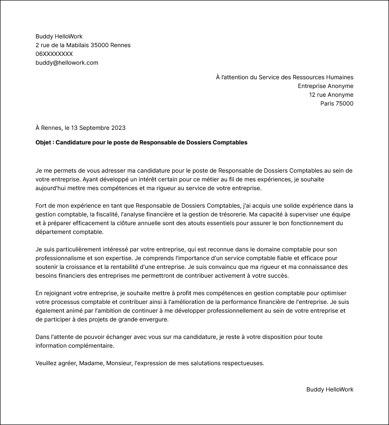 Modèle lettre de motivation Responsable de dossiers Exemple lettre de motivation Responsable de dossiers