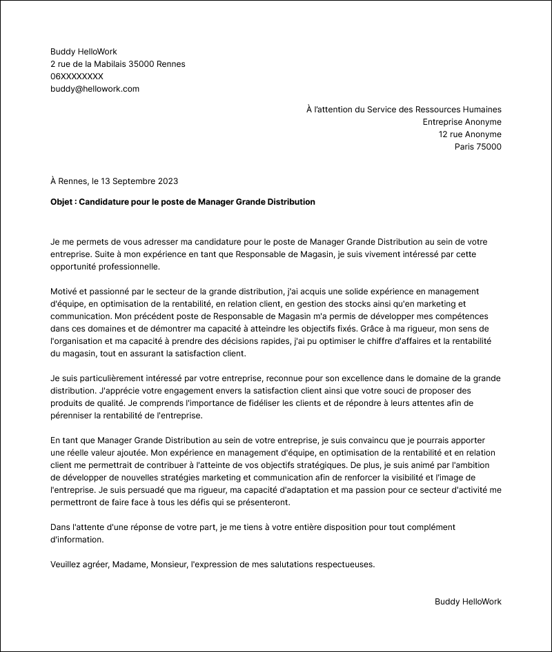Modèle lettre de motivation Manager en grande distribution Exemple lettre de motivation Manager en grande distribution