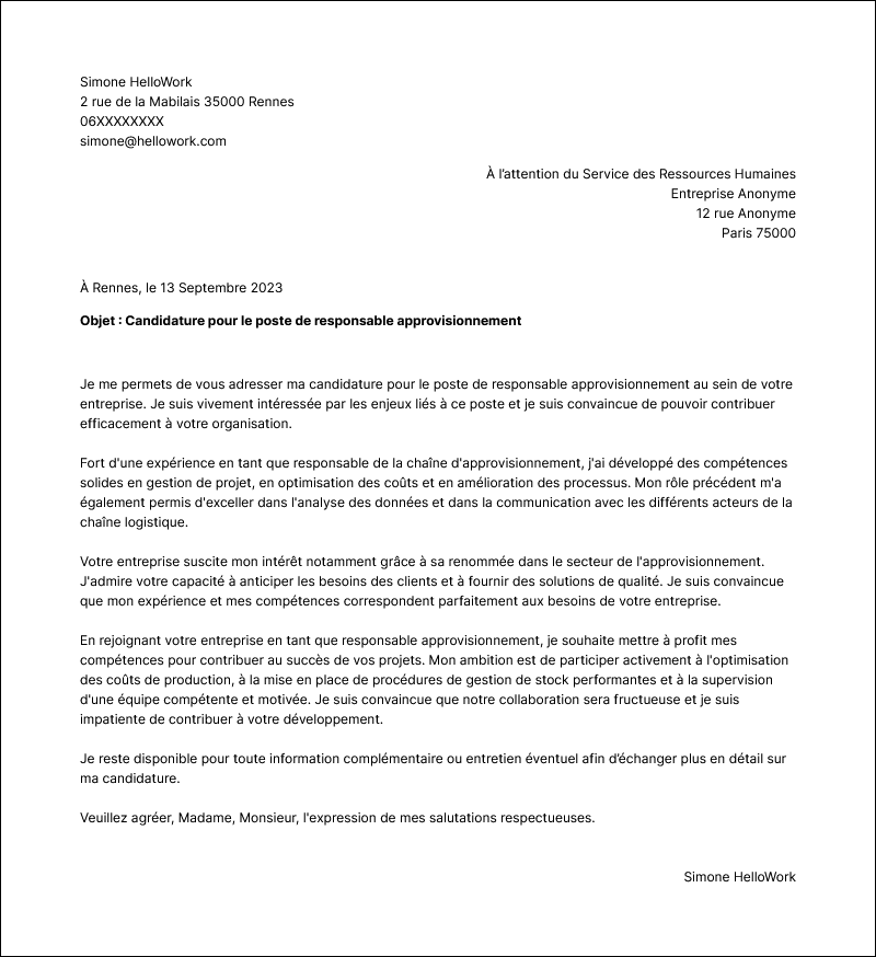 Modèle lettre de motivation Responsable approvisionnement Exemple lettre de motivation Responsable approvisionnement