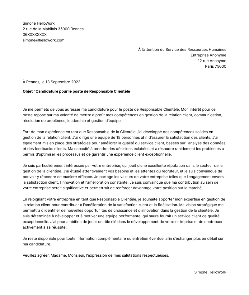 Modèle lettre de motivation Responsable clientèle Exemple lettre de motivation Responsable clientèle