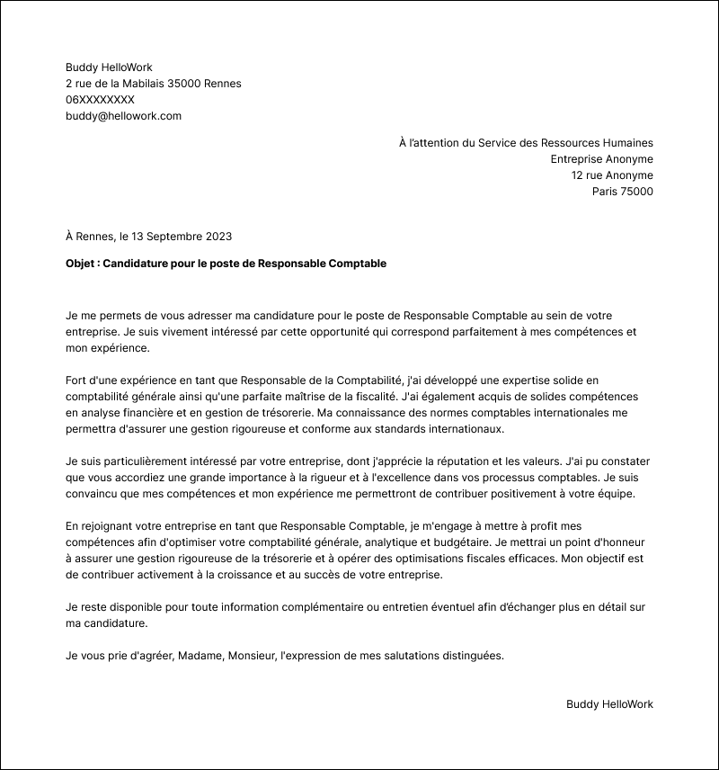 Modèle lettre de motivation Responsable comptable Exemple lettre de motivation Responsable comptable