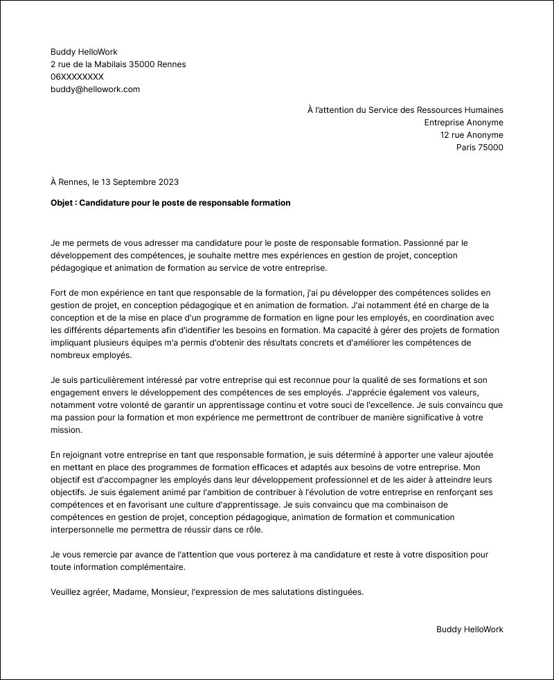 Modèle lettre de motivation Responsable de formation Exemple lettre de motivation Responsable de formation