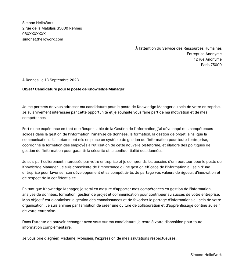 Modèle lettre de motivation Knowledge manager Exemple lettre de motivation Knowledge manager