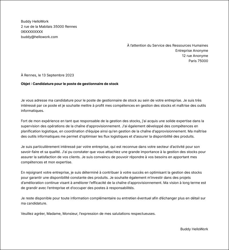 Modèle lettre de motivation Gestionnaire de stock Exemple lettre de motivation Gestionnaire de stock