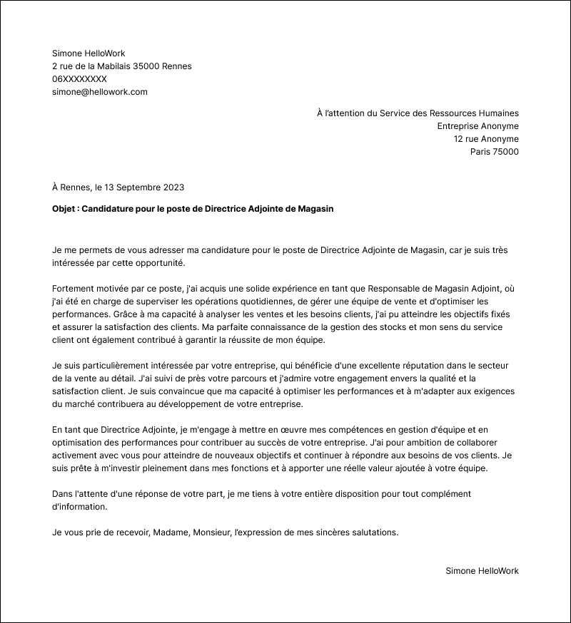 Modèle lettre de motivation Directeur adjoint de magasin Exemple lettre de motivation Directeur adjoint de magasin