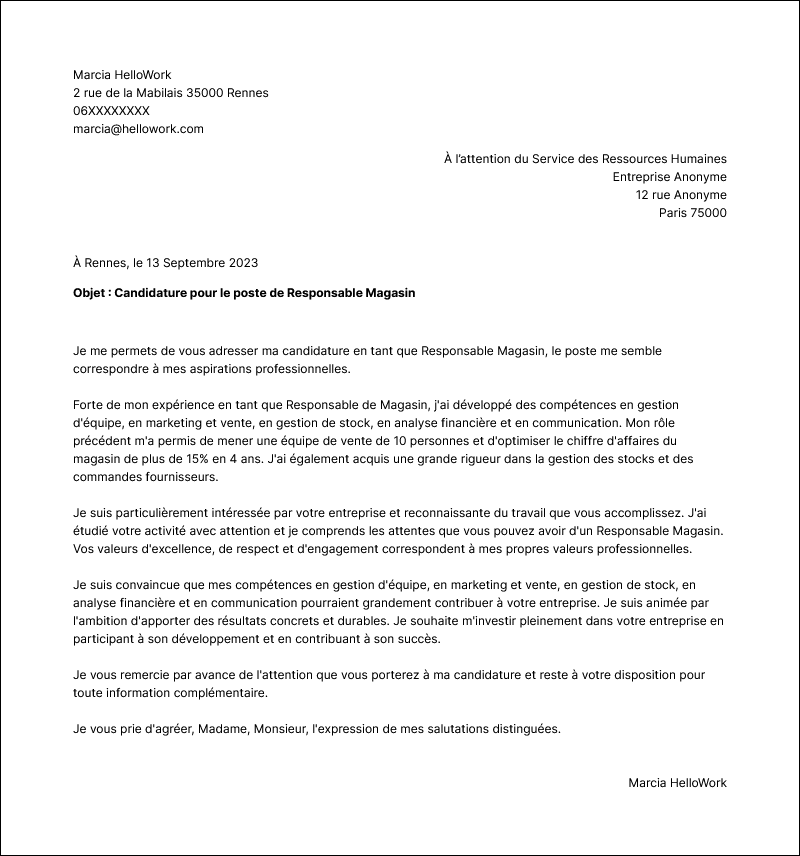 Modèle lettre de motivation Responsable de magasin Exemple lettre de motivation Responsable de magasin
