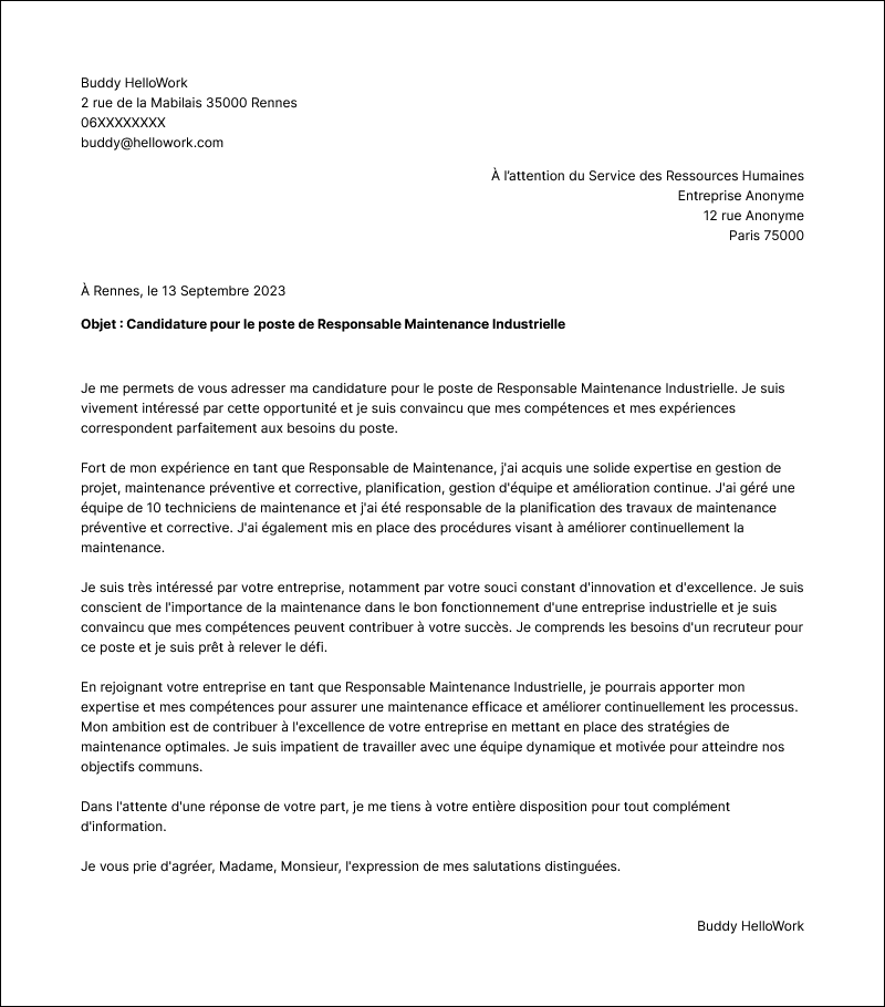 Modèle lettre de motivation Responsable de maintenance industrielle Exemple lettre de motivation Responsable de maintenance industrielle
