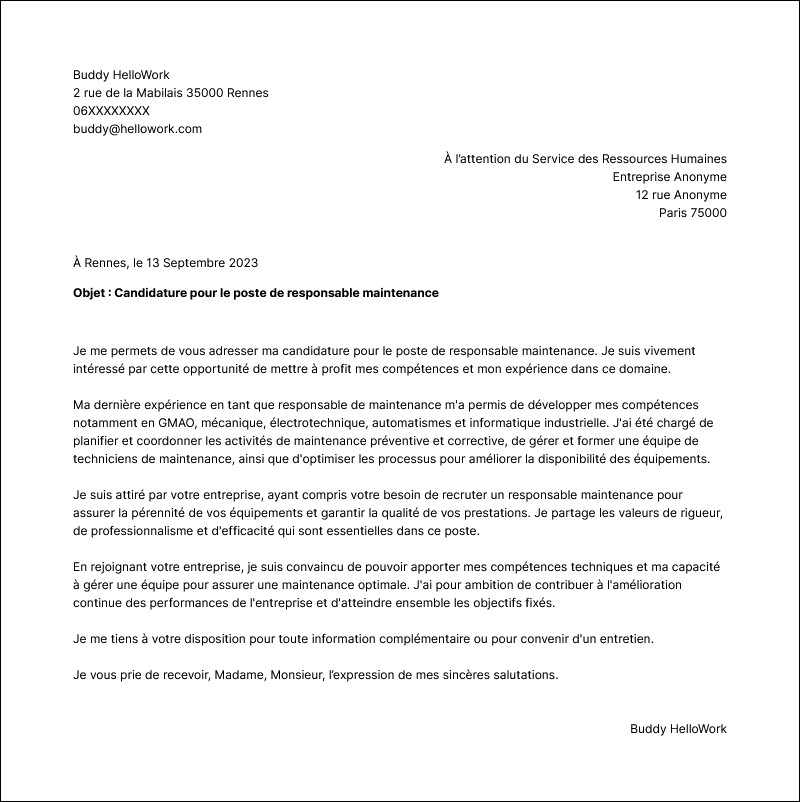 Modèle lettre de motivation Responsable de maintenance Exemple lettre de motivation Responsable de maintenance