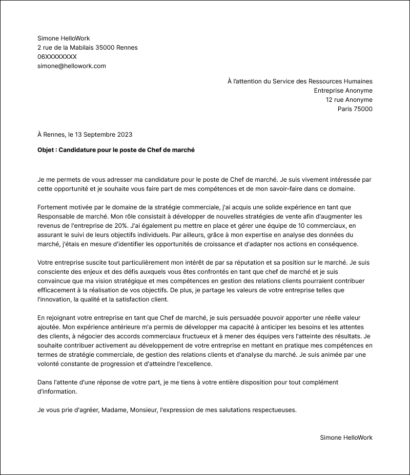 Modèle lettre de motivation Chef de marché Exemple lettre de motivation Chef de marché