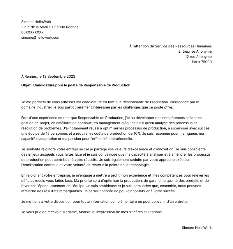 Modèle lettre de motivation Responsable de production Exemple lettre de motivation Responsable de production