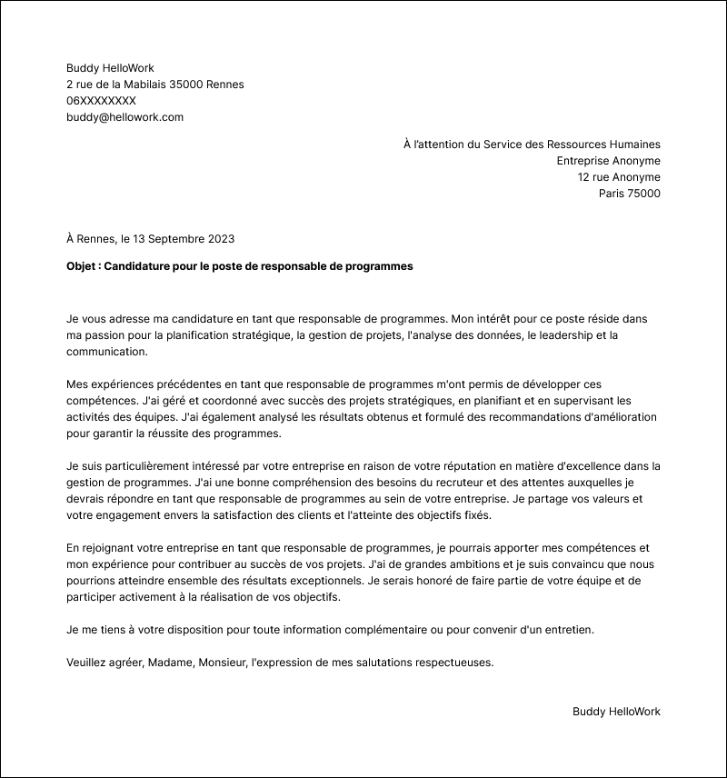 Modèle lettre de motivation Responsable de programmes Exemple lettre de motivation Responsable de programmes