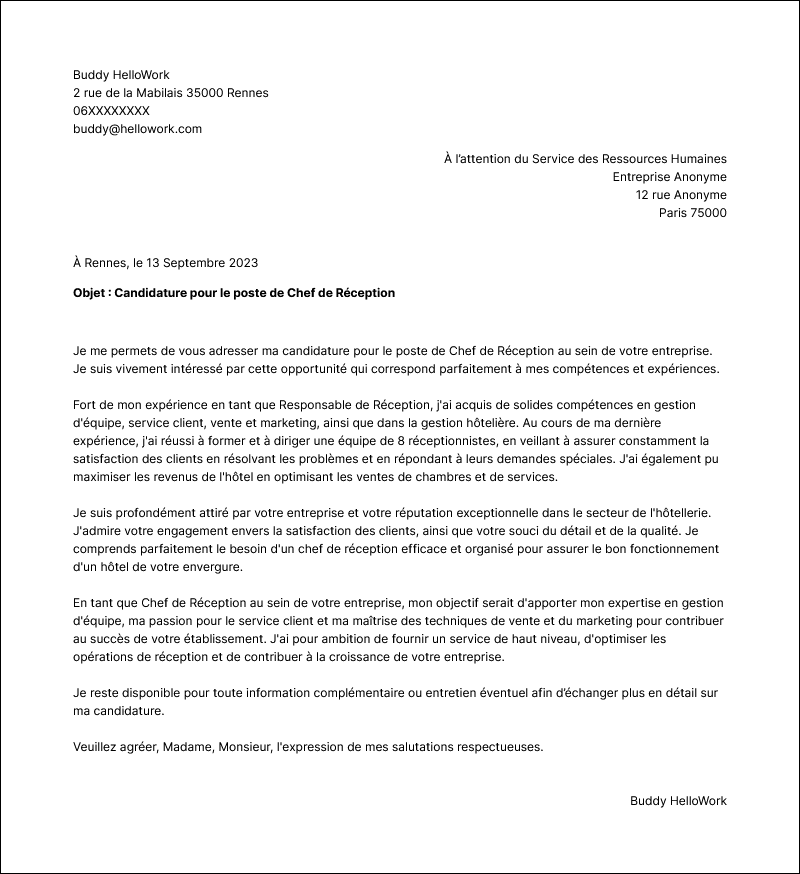 Modèle lettre de motivation Responsable de réception Exemple lettre de motivation Responsable de réception