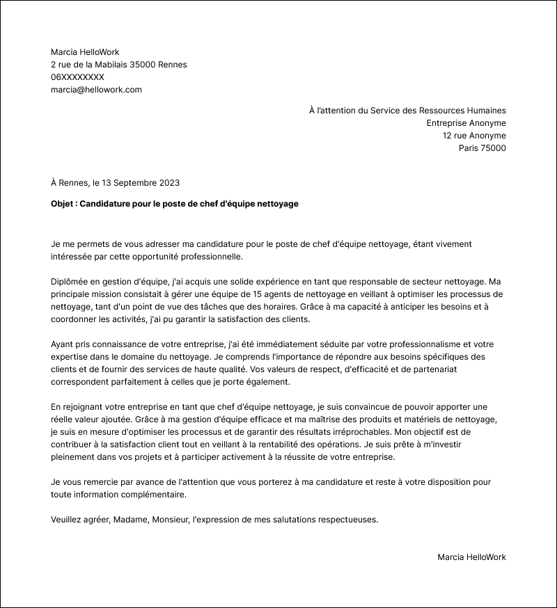 Modèle lettre de motivation Responsable de secteur nettoyage Exemple lettre de motivation Responsable de secteur nettoyage