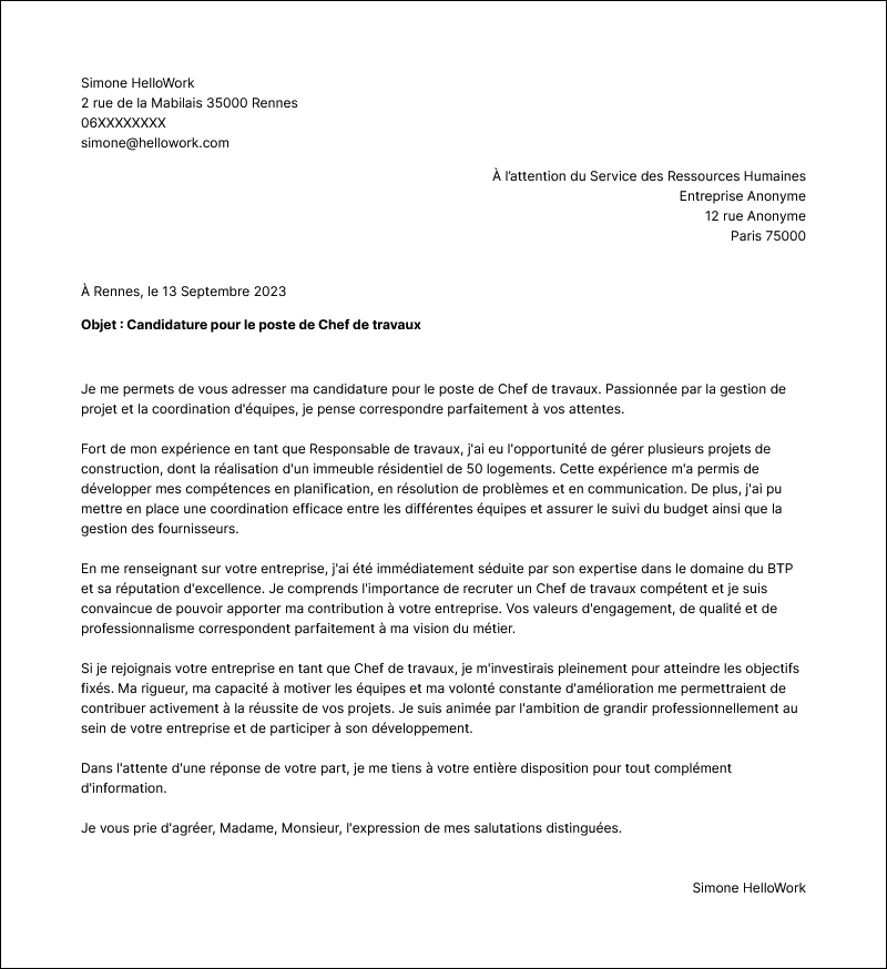 Modèle lettre de motivation Responsable de travaux Exemple lettre de motivation Responsable de travaux