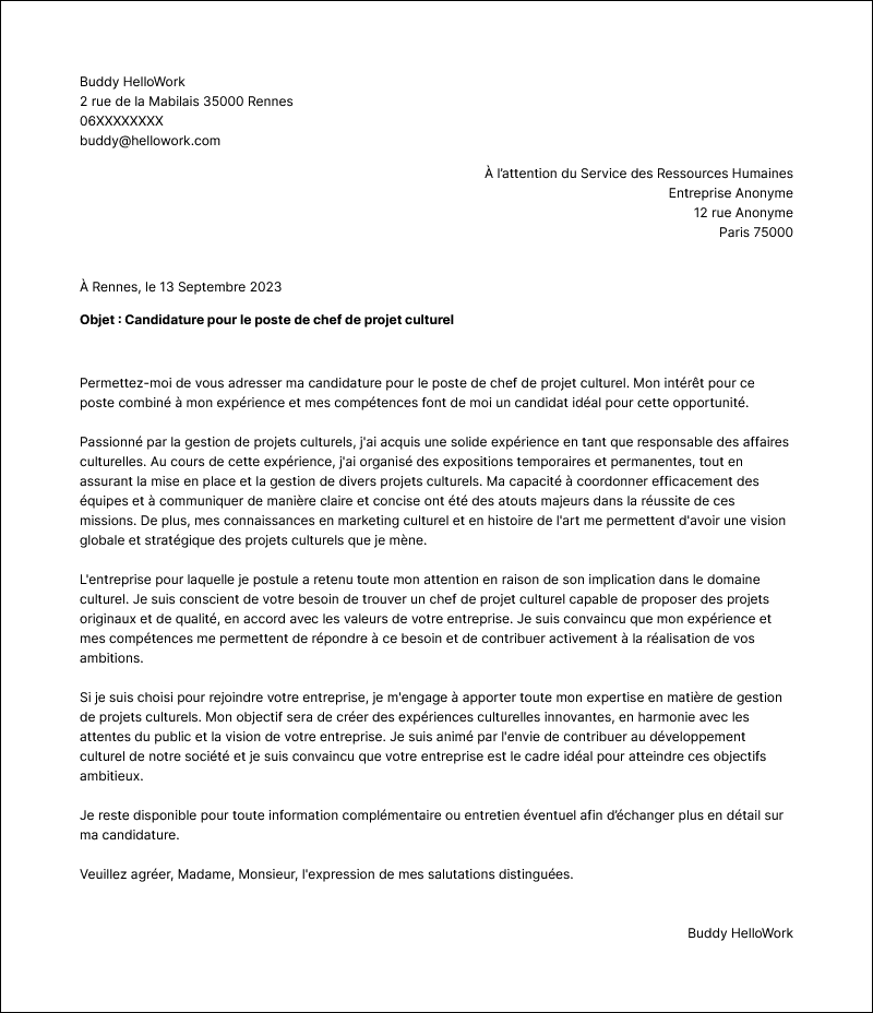 Modèle lettre de motivation Chef de projet culturel Exemple lettre de motivation Chef de projet culturel