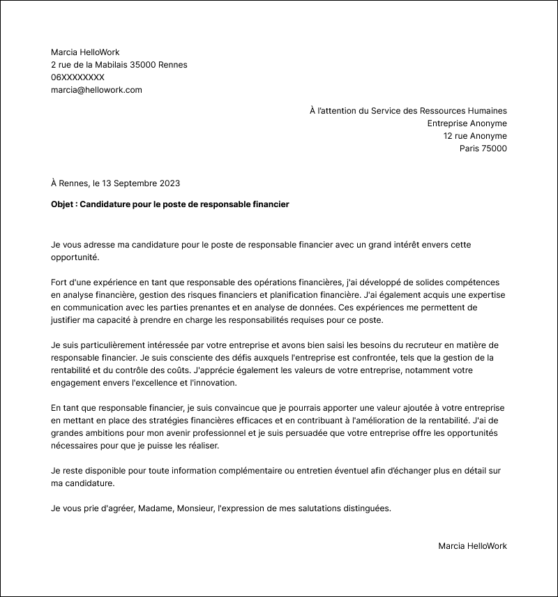 Modèle lettre de motivation Responsable financier Exemple lettre de motivation Responsable financier