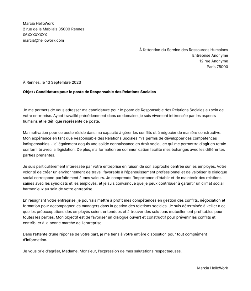 Exemple lettre de motivation Responsable des relations sociales