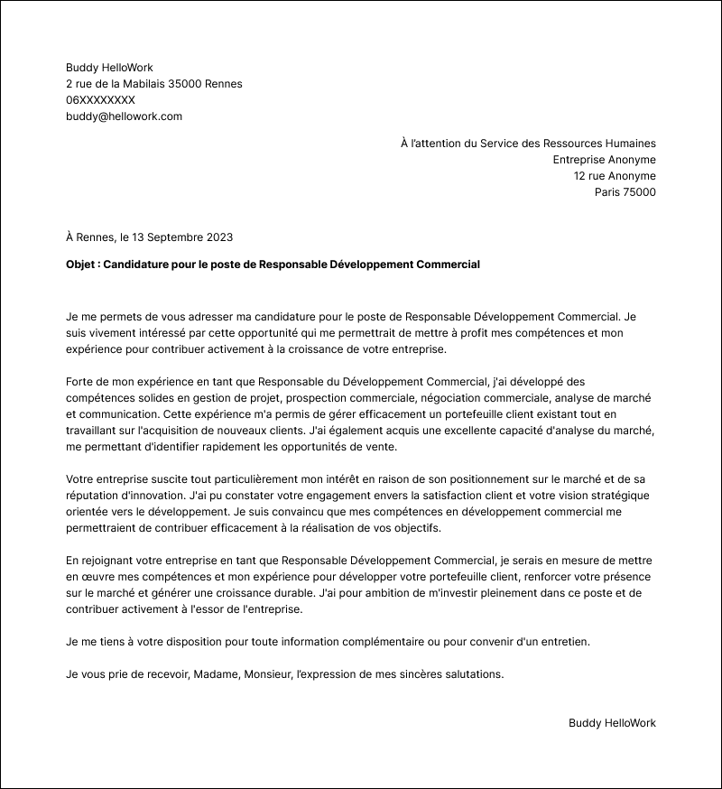 Modèle lettre de motivation Responsable de développement commercial Exemple lettre de motivation Responsable de développement commercial