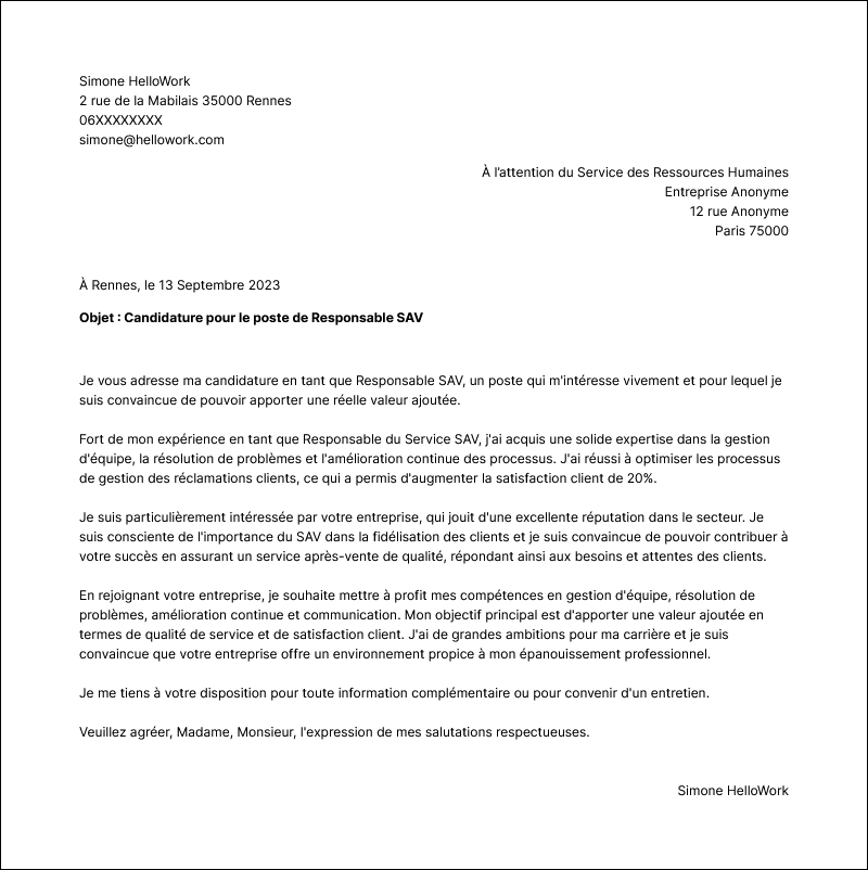Modèle lettre de motivation Responsable SAV Exemple lettre de motivation Responsable SAV