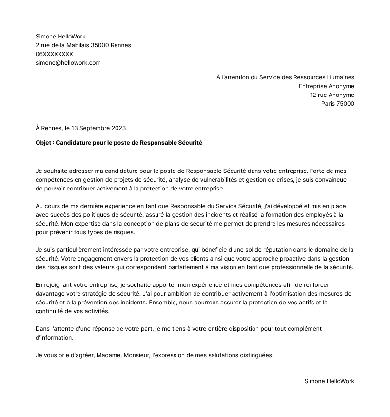 Modèle lettre de motivation Responsable de la sécurité Exemple lettre de motivation Responsable de la sécurité