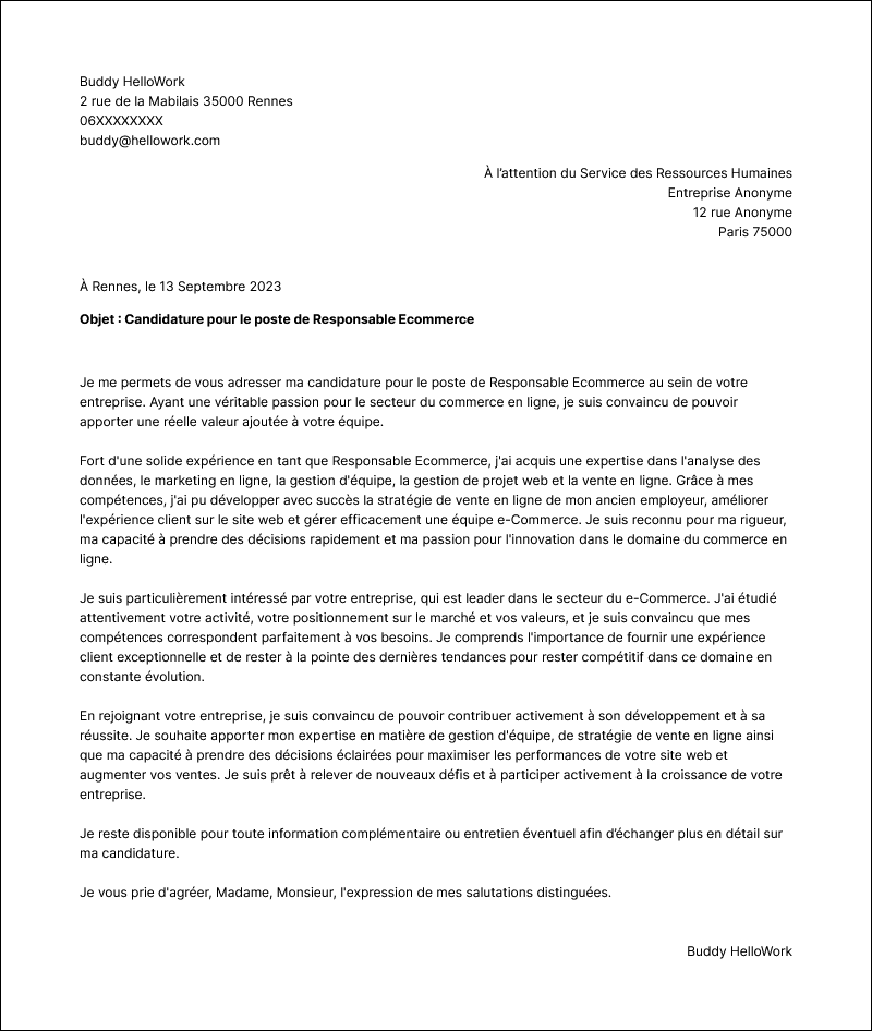 Modèle lettre de motivation Responsable e-Commerce Exemple lettre de motivation Responsable e-Commerce