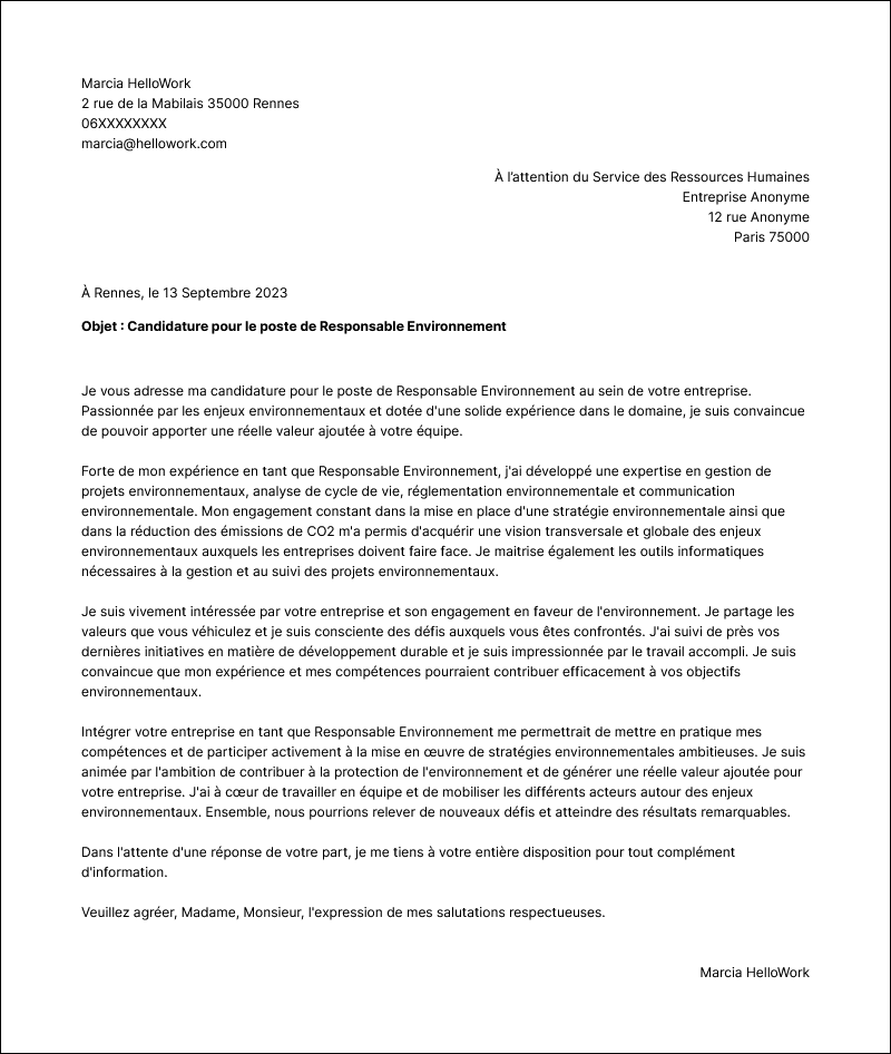 Modèle lettre de motivation Responsable environnement Exemple lettre de motivation Responsable environnement