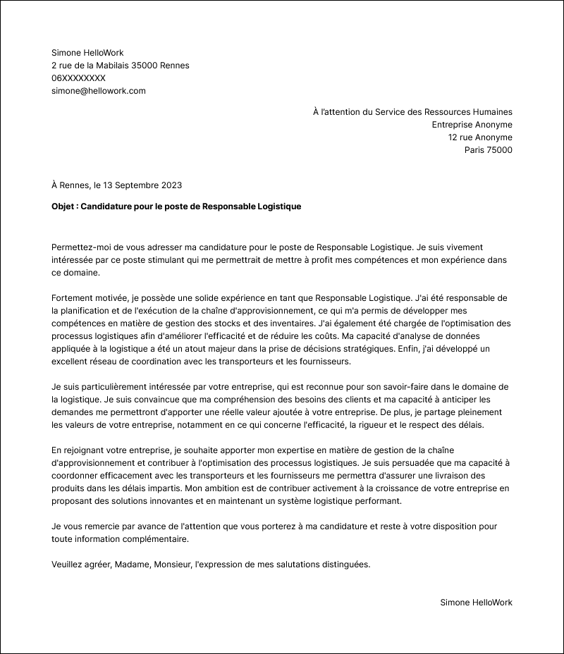 Modèle lettre de motivation Responsable logistique Exemple lettre de motivation Responsable logistique