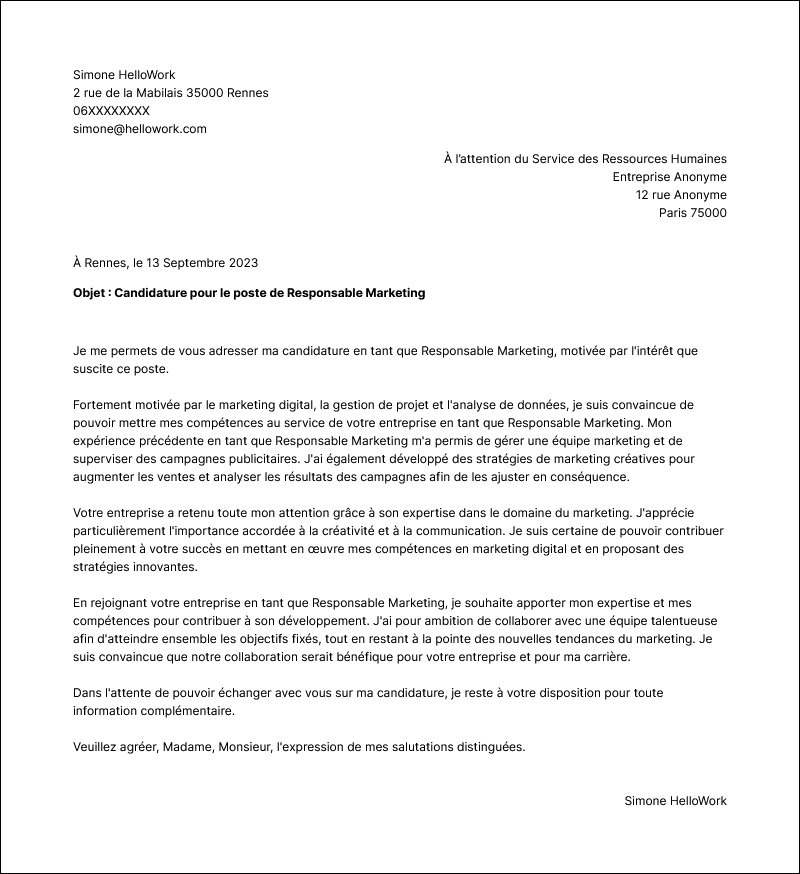 Modèle lettre de motivation Responsable marketing Exemple lettre de motivation Responsable marketing