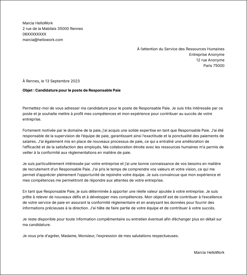 Modèle lettre de motivation Responsable paie Exemple lettre de motivation Responsable paie
