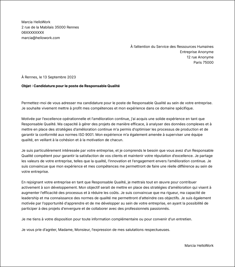 Modèle lettre de motivation Responsable qualité Exemple lettre de motivation Responsable qualité