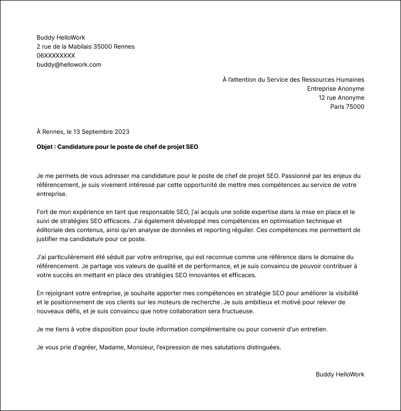 Exemple lettre de motivation Responsable SEO