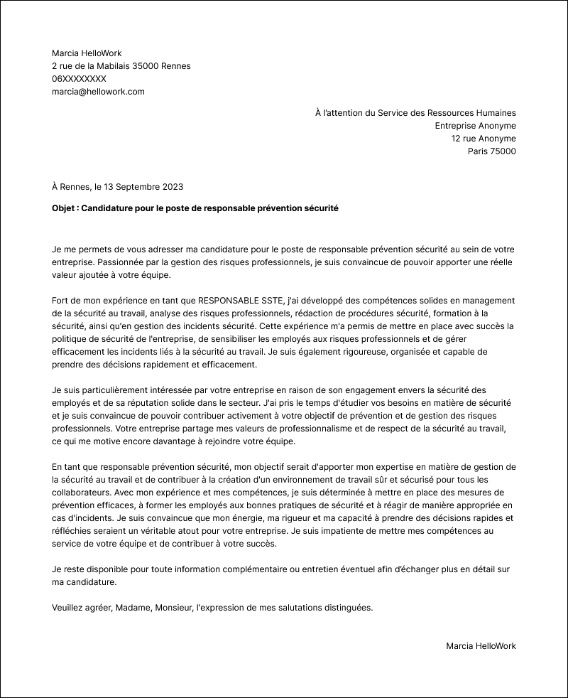 Modèle lettre de motivation Responsable prévention sécurité Exemple lettre de motivation Responsable prévention sécurité