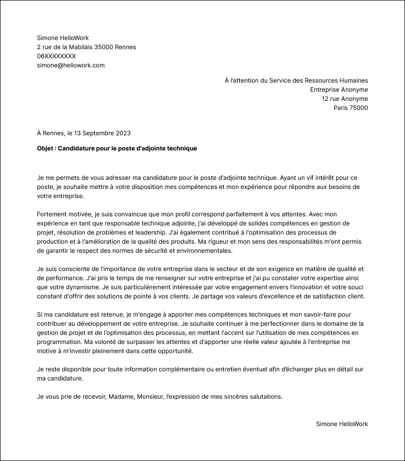Modèle lettre de motivation Adjoint technique Exemple lettre de motivation Adjoint technique
