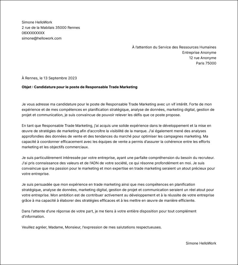 Modèle lettre de motivation Responsable trade-marketing Exemple lettre de motivation Responsable trade-marketing