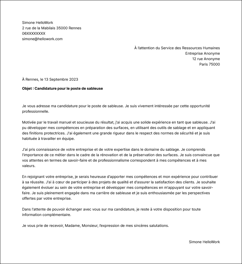 Modèle lettre de motivation Sableur Exemple lettre de motivation Sableur