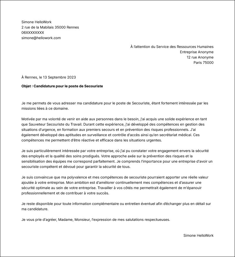 Modèle lettre de motivation Secouriste Exemple lettre de motivation Secouriste