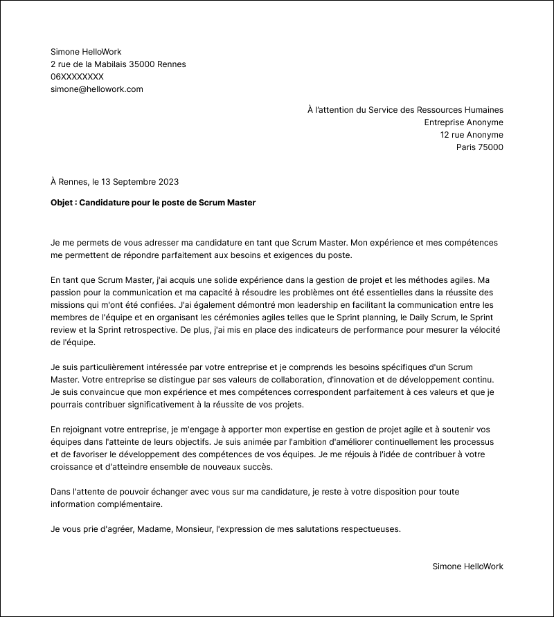 Modèle lettre de motivation Scrum master Exemple lettre de motivation Scrum master