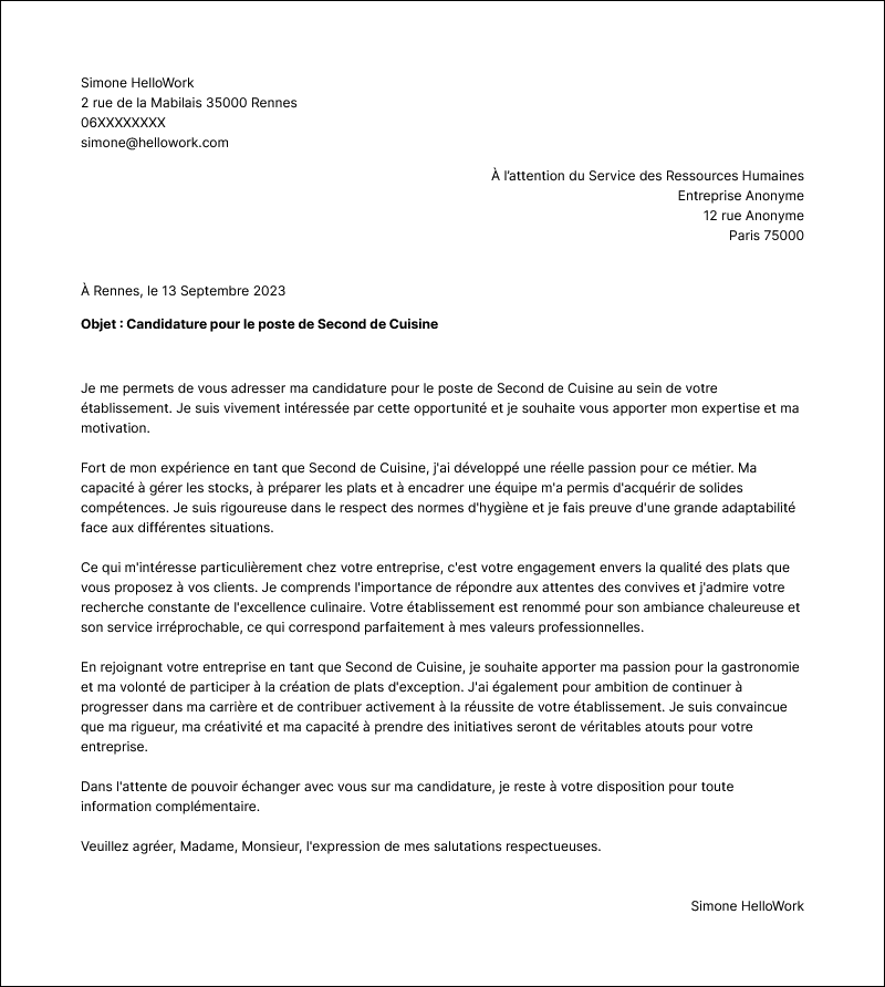 Modèle lettre de motivation Second de cuisine Exemple lettre de motivation Second de cuisine