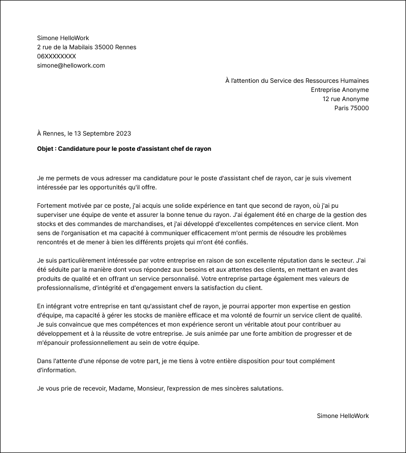 Exemple lettre de motivation Second de rayon