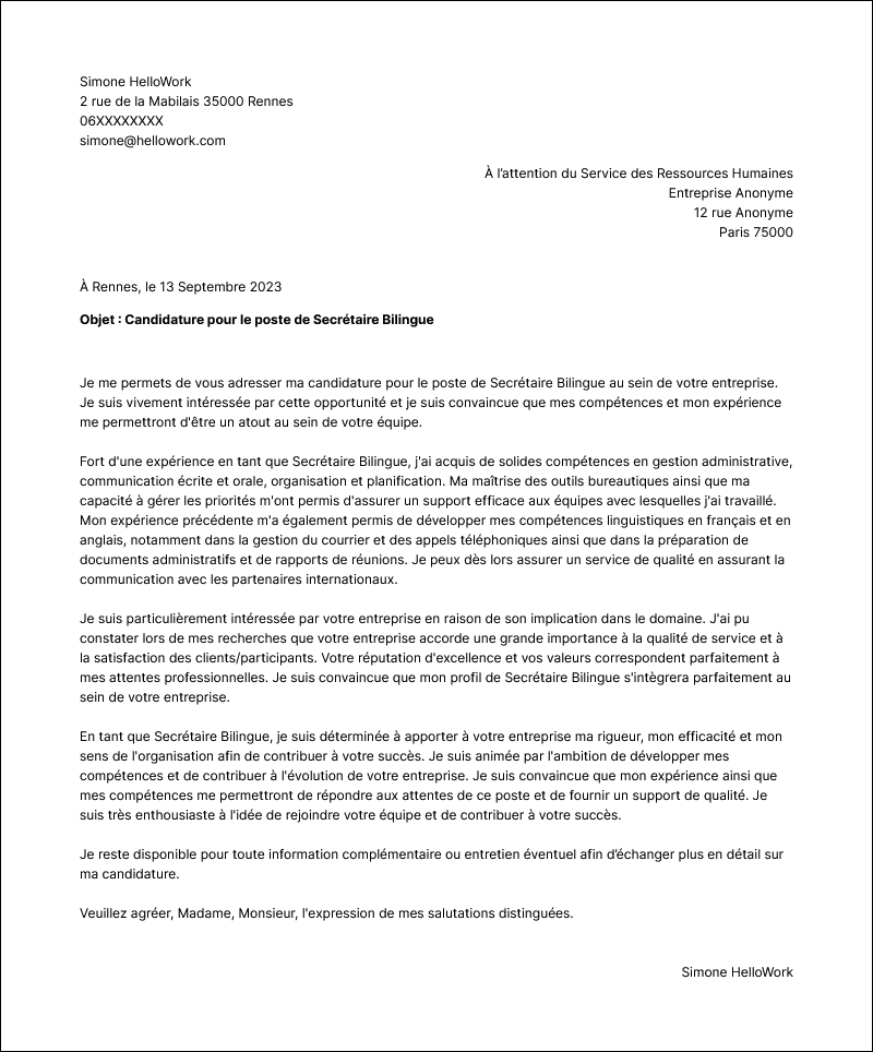 Modèle lettre de motivation Secrétaire bilingue Exemple lettre de motivation Secrétaire bilingue
