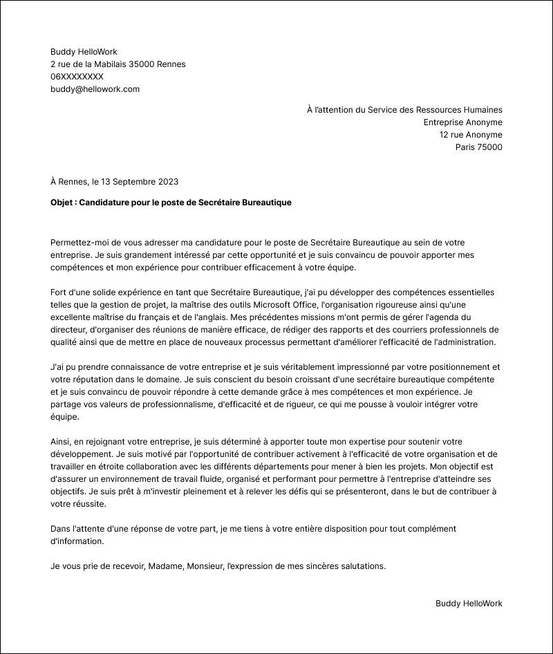 Modèle lettre de motivation Secrétaire bureautique Exemple lettre de motivation Secrétaire bureautique