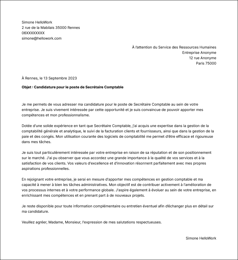 Modèle lettre de motivation Secrétaire comptable Exemple lettre de motivation Secrétaire comptable