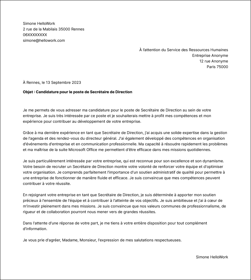 Modèle lettre de motivation Secrétaire de direction Exemple lettre de motivation Secrétaire de direction
