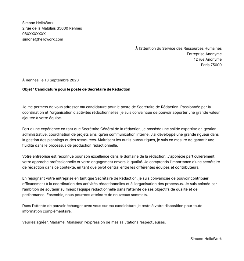 Modèle lettre de motivation Secrétaire de rédaction Exemple lettre de motivation Secrétaire de rédaction